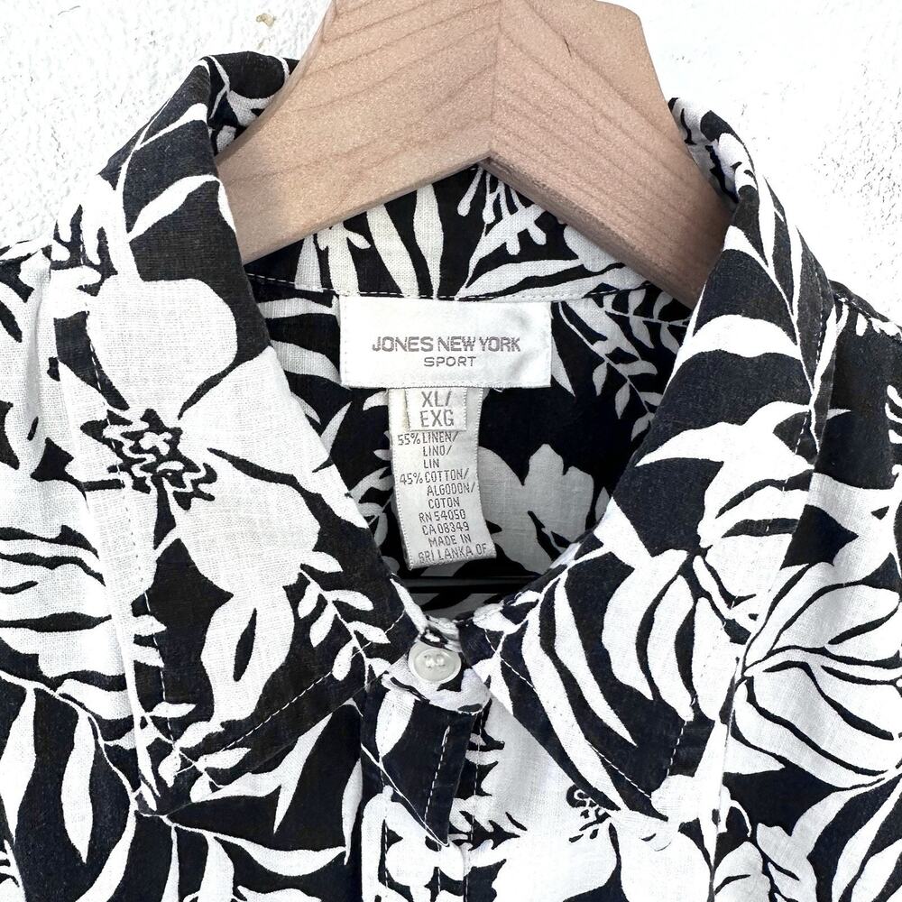 Vintage Jones New York Top XL Black White Tropical 100% Cotton Linen Blend Beach - Picture 3 of 7